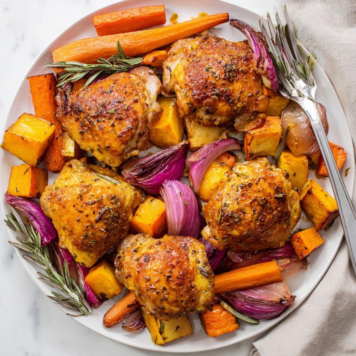 Golden Honey-Glazed Chicken with tender roasted root vegetables, a flavorful and comforting oven-baked dinner.