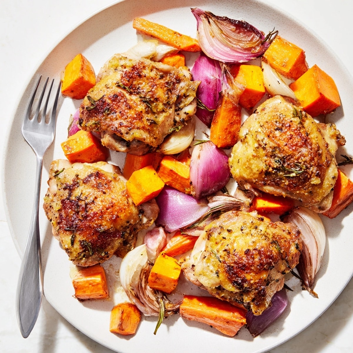 Juicy Honey-Glazed Chicken recipe with roasted carrots, parsnips, and sweet potatoes, ready to serve.
