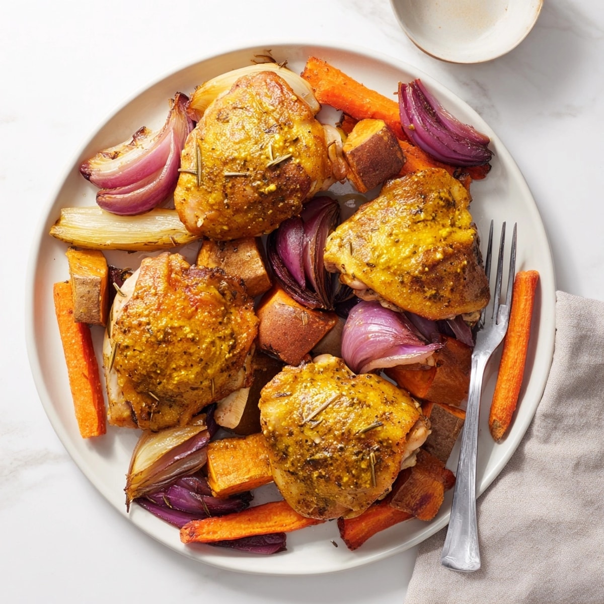 A vibrant array of Honey-Glazed Chicken and root vegetables, glazed and roasted to perfection.