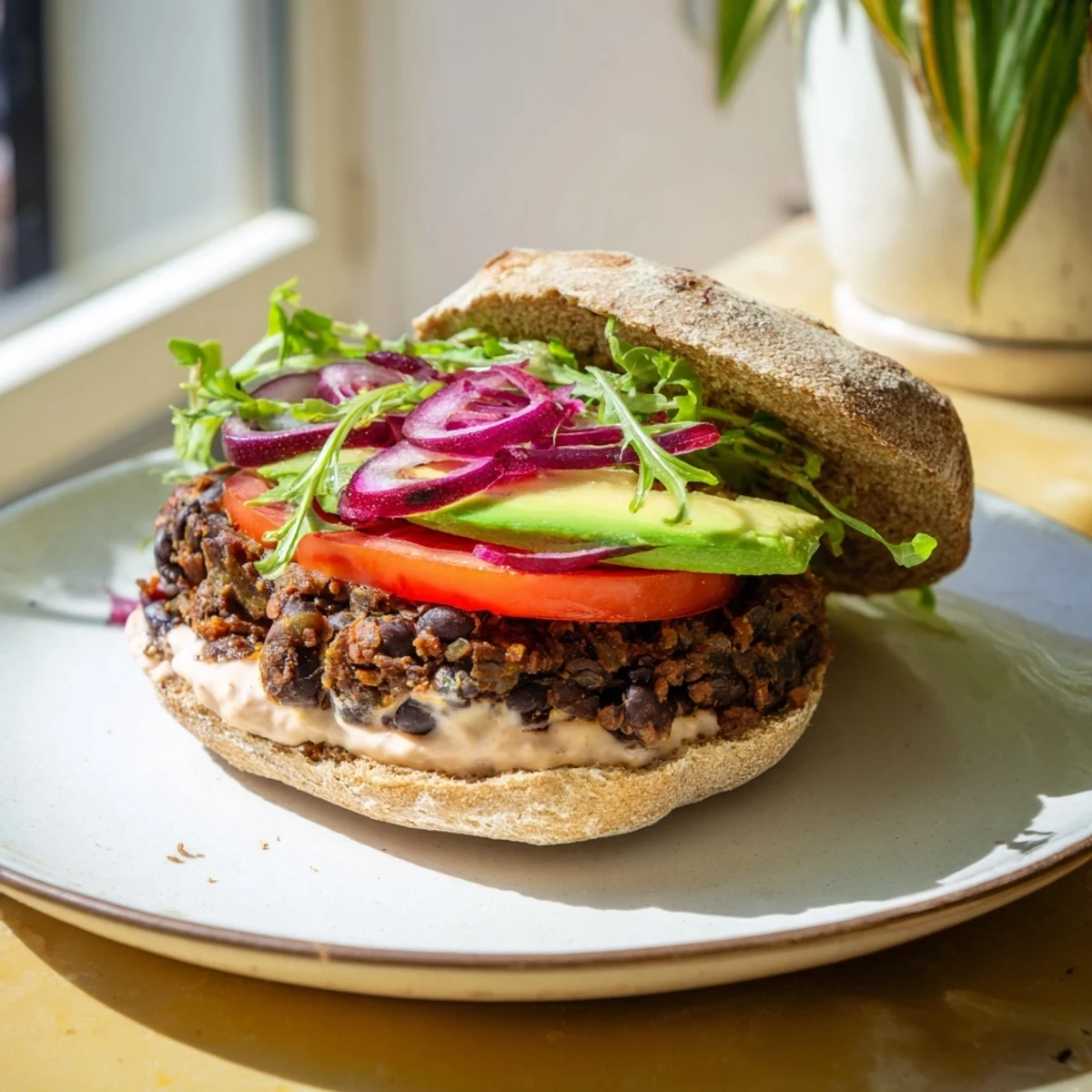 A plated zesty black bean burger with fresh tomato, lettuce, and avocado, ready to eat.