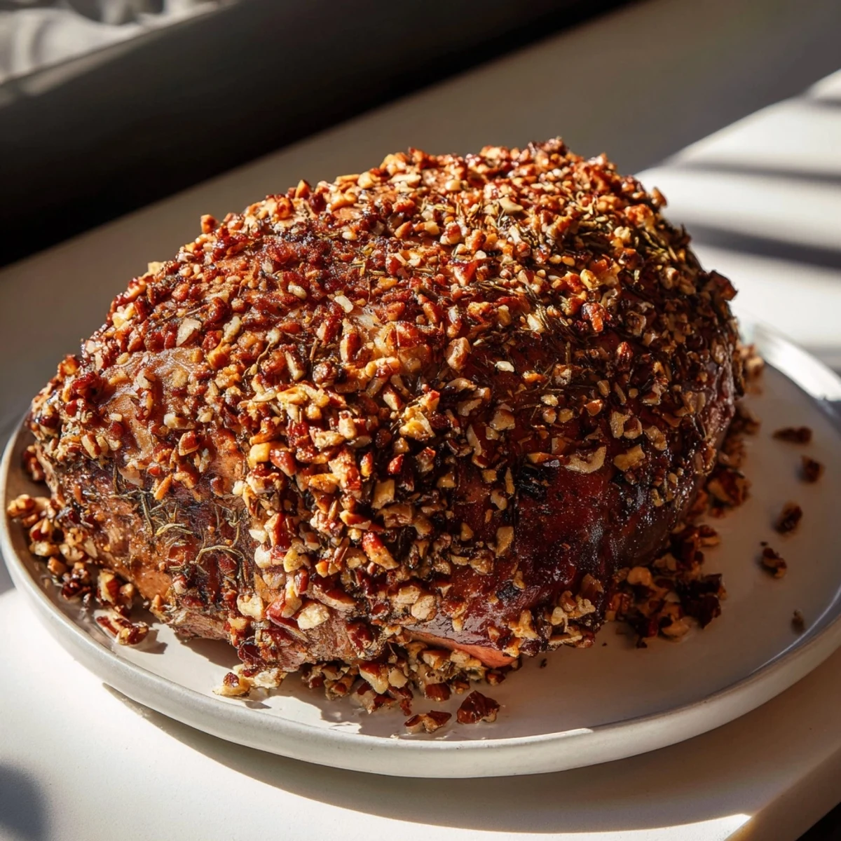 Golden-brown Thyme and Pecan Crusted Pork Tenderloin, ready to slice after a perfect roast in the oven.