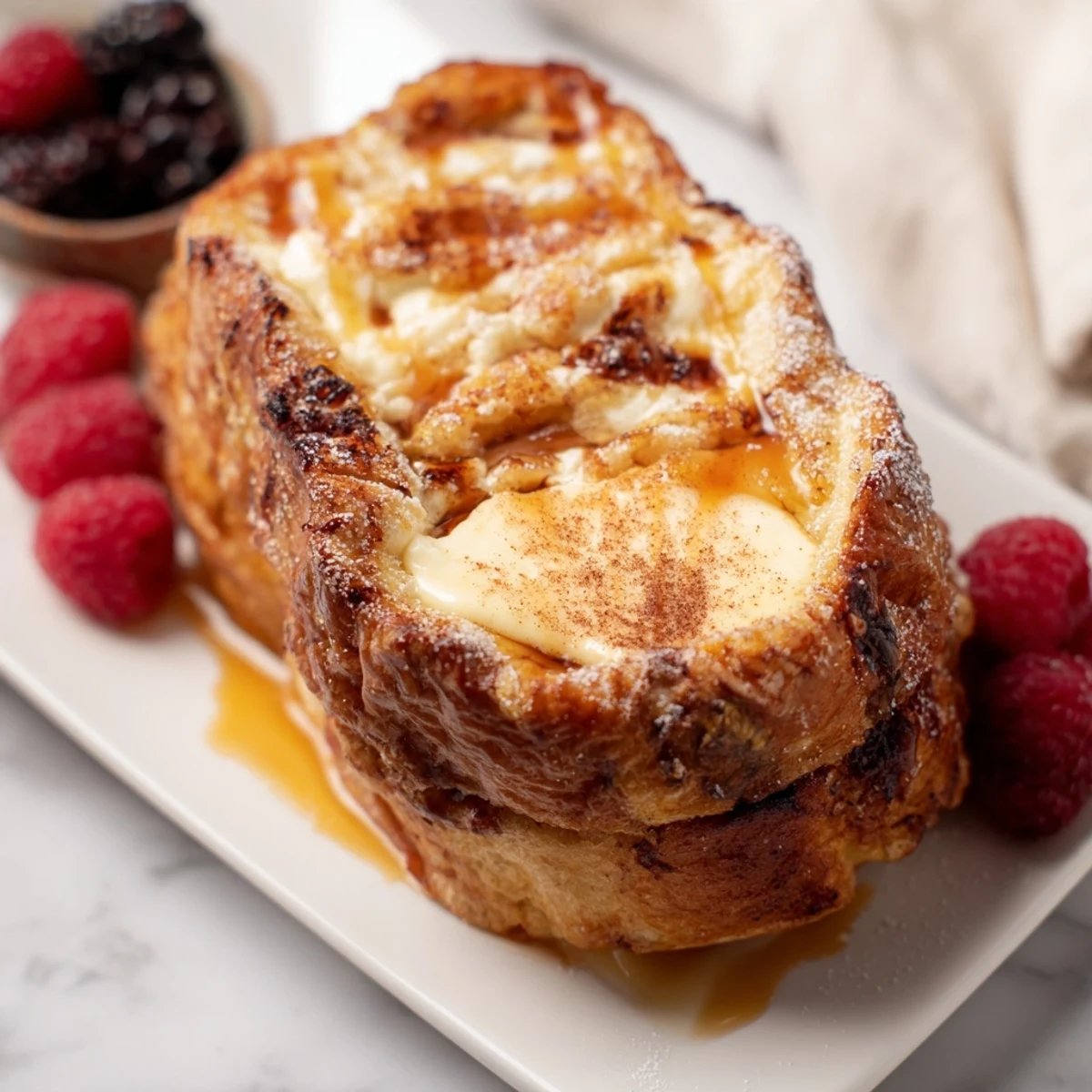 Golden, bubbly Soft Spice Baked French Toast Casserole, served warm with drizzles of maple syrup.