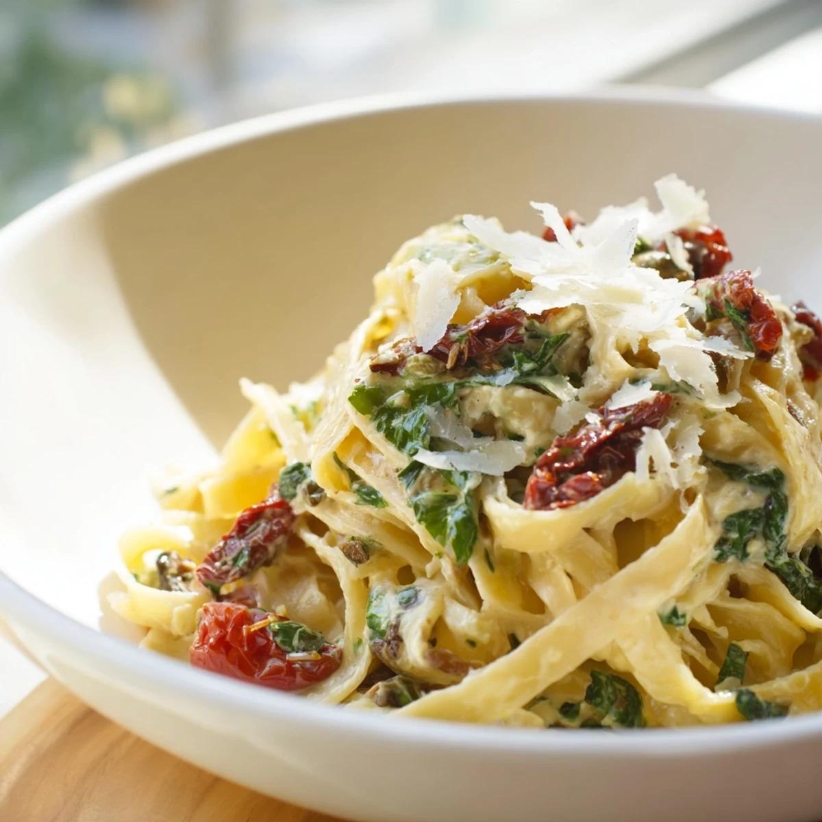 One-Pot Creamy Tuscan Garlic Herb Pasta, glistening with sun-dried tomatoes and fresh basil, ready to serve.
