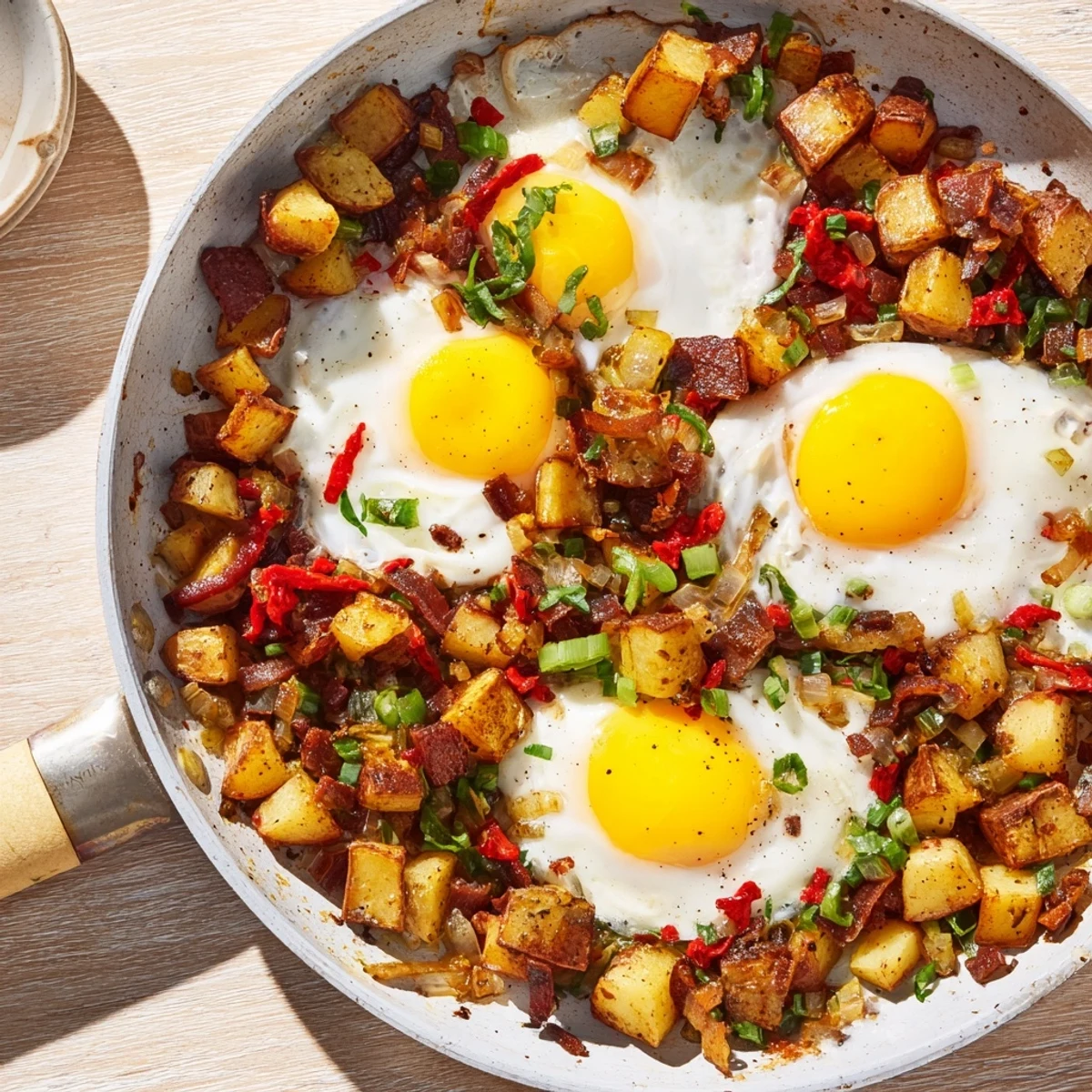Golden skillet egg and potato hash with perfectly runny yolks and vibrant vegetables; a simple breakfast.