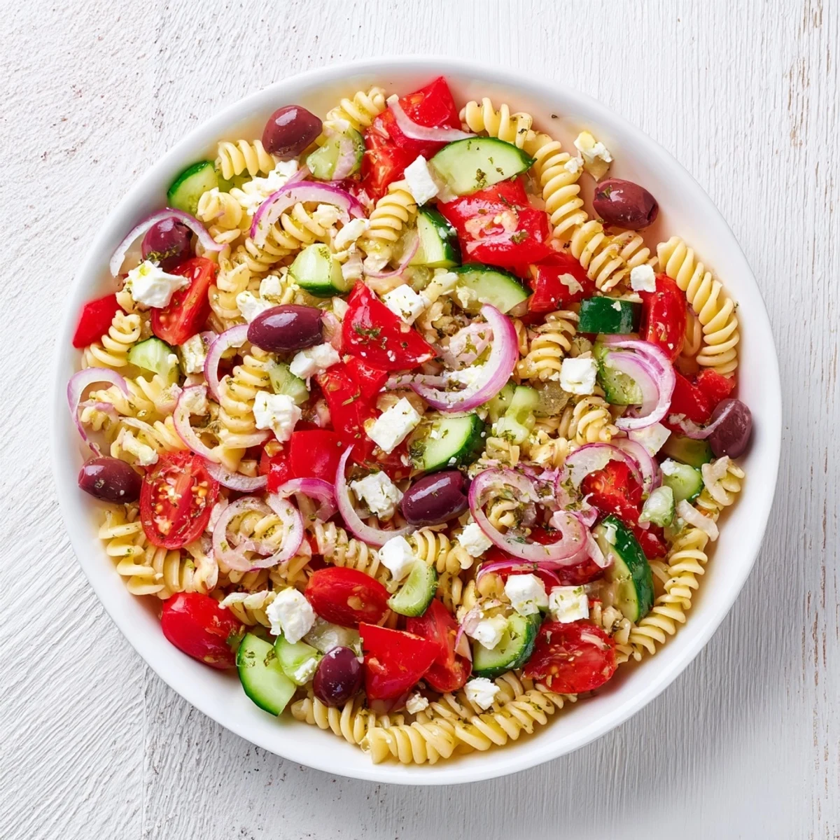 This chilled Mediterranean Olive Oil and Feta Pasta Salad features crumbled feta atop the vibrant pasta.