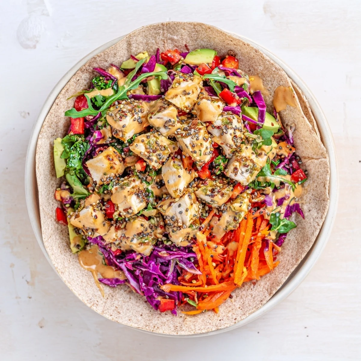 Fresh Poppy-Inspired Chicken Salad Wraps, a close-up of the delicious filling spilling out of warm whole wheat tortillas.