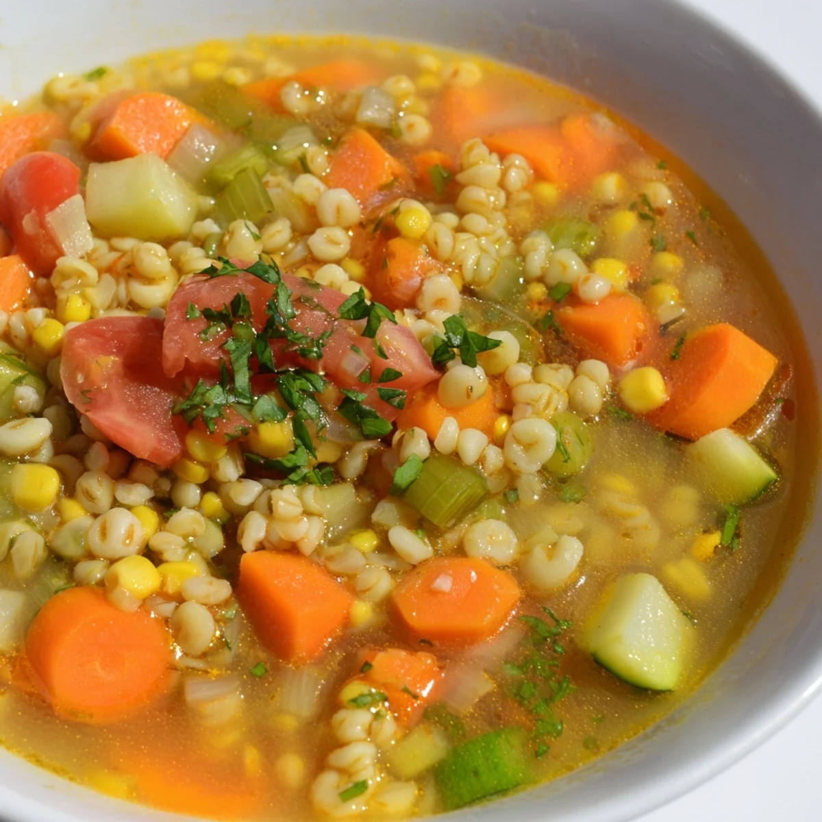 Steaming Simple Homemade Grain and Vegetable Soup, thick with barley and colorful vegetables.