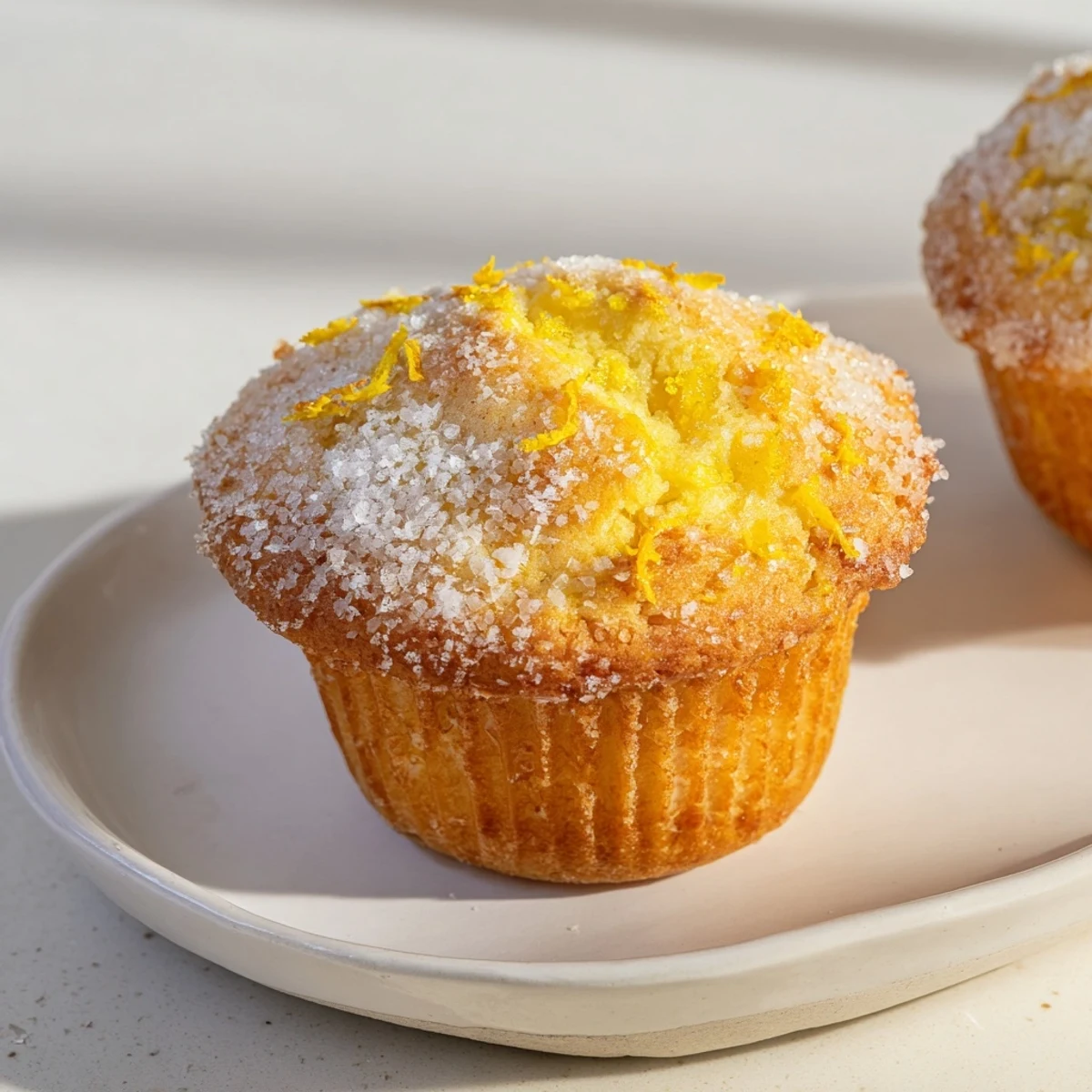 Freshly baked Simple Sweet Lemon Zest Muffins with a soft crumb, filled with citrusy lemon flavor.