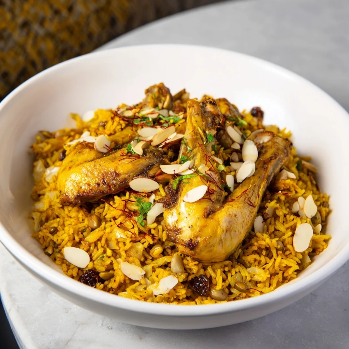 Golden saffron chicken and rice pilaf, a warm, inviting bowl of fluffy rice with tender chicken.