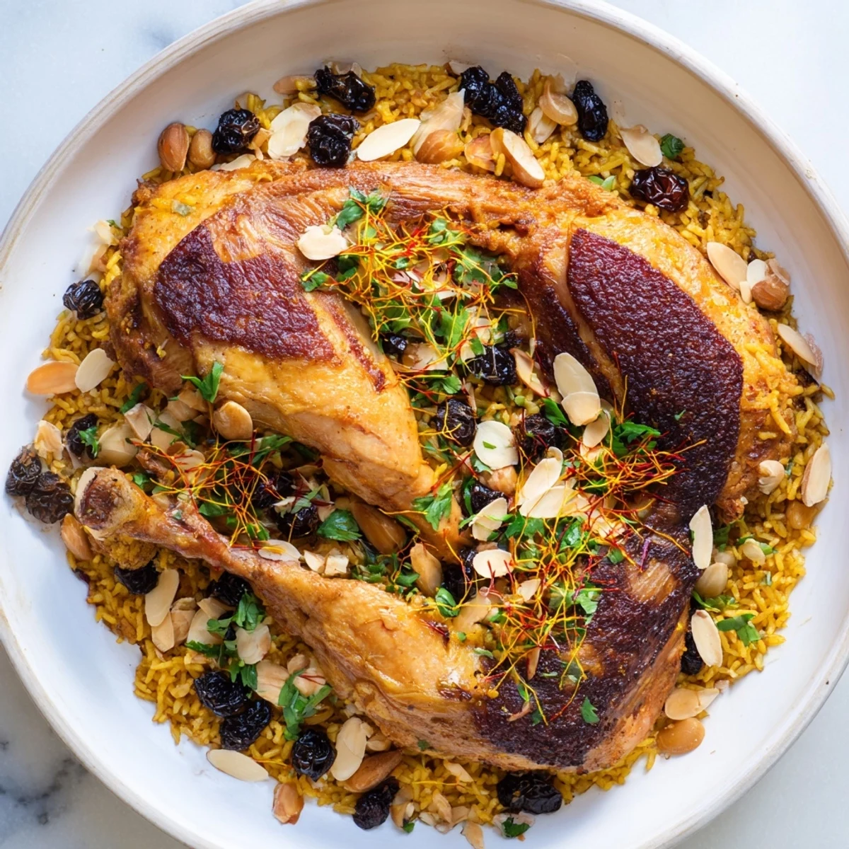 Savory saffron chicken and rice pilaf: Fluffy rice with golden chicken and a scattering of almonds.