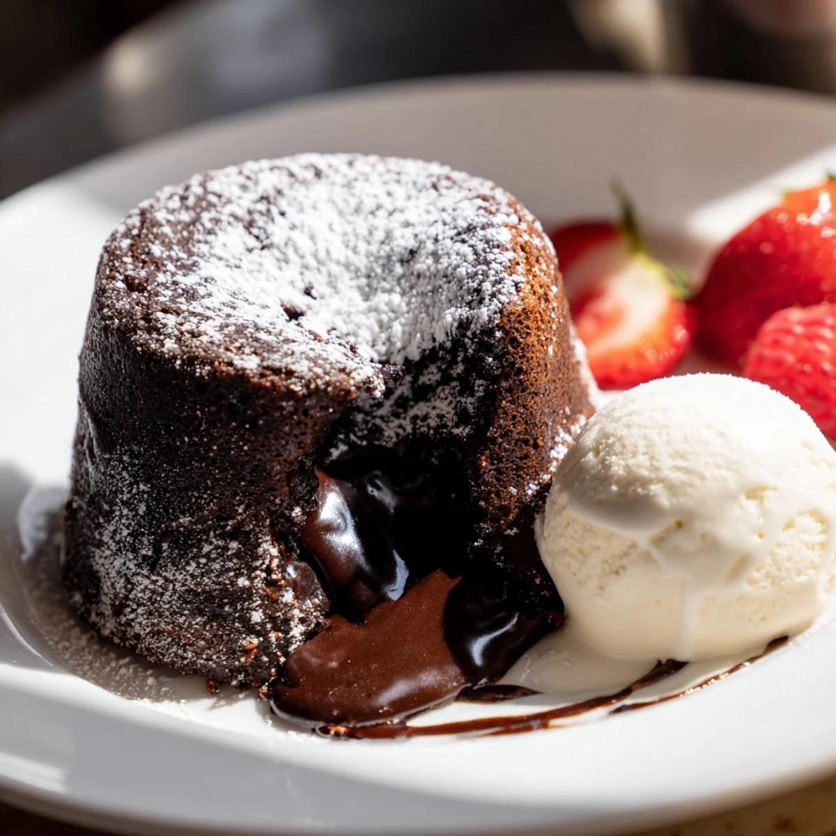 Warm, dark chocolate lava cakes oozing with a rich, molten center, ready to enjoy with whipped cream.