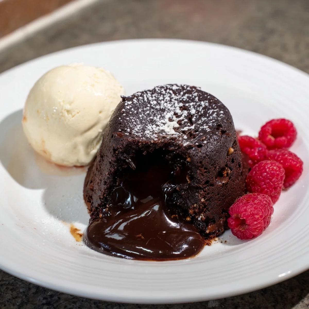 A close-up shot of rich cocoa lava cakes, dusted with powdered sugar, ready for a delicious bite.