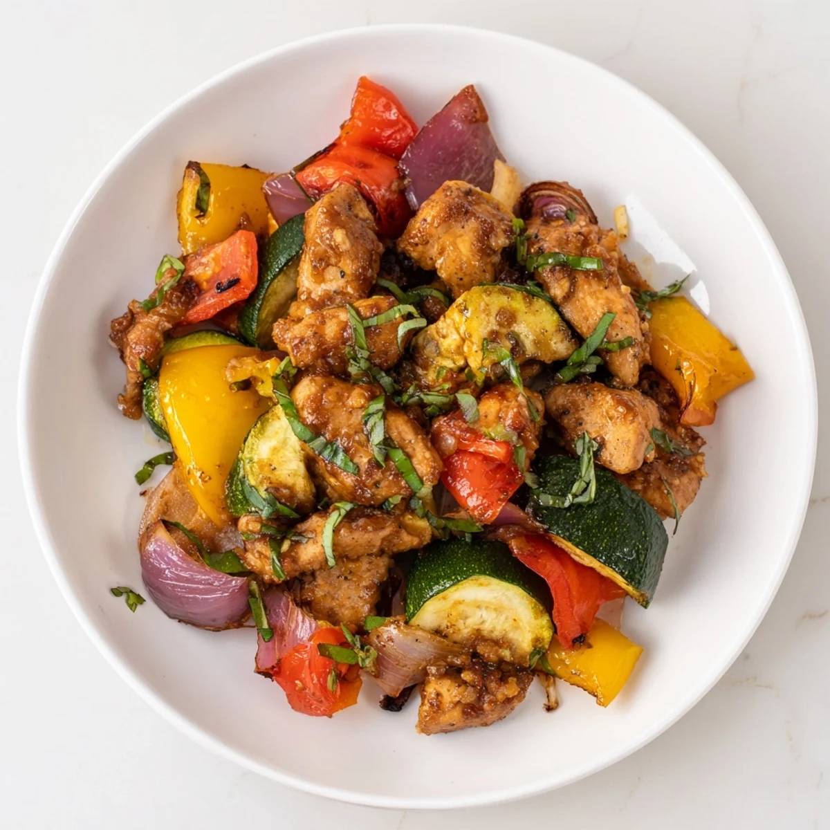 Close-up of the easy Basil-Soft Chicken and Veggie Sheet Pan Dinner, with fresh basil garnish, ready to serve.