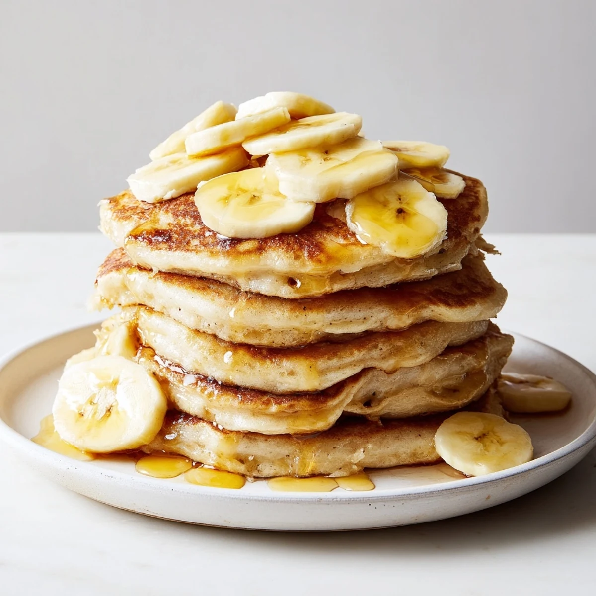 Golden Weekend-Brunch Banana Pancakes stacked high, drizzled with warm maple syrup, perfect for a cozy brunch.
