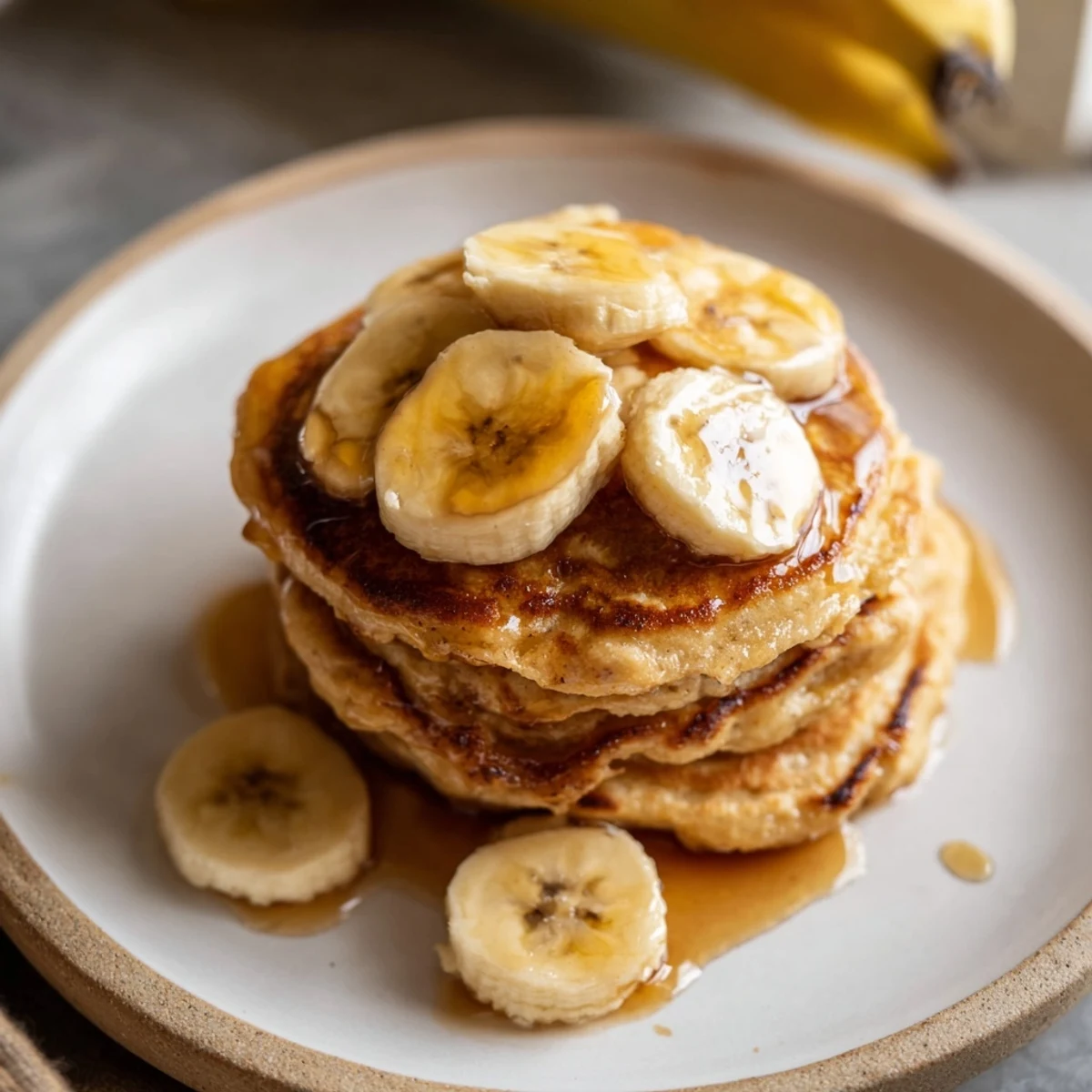 Enjoy the sweetness of Weekend-Brunch Banana Pancakes, cooked to perfection and soaked in maple for a flavorful bite.