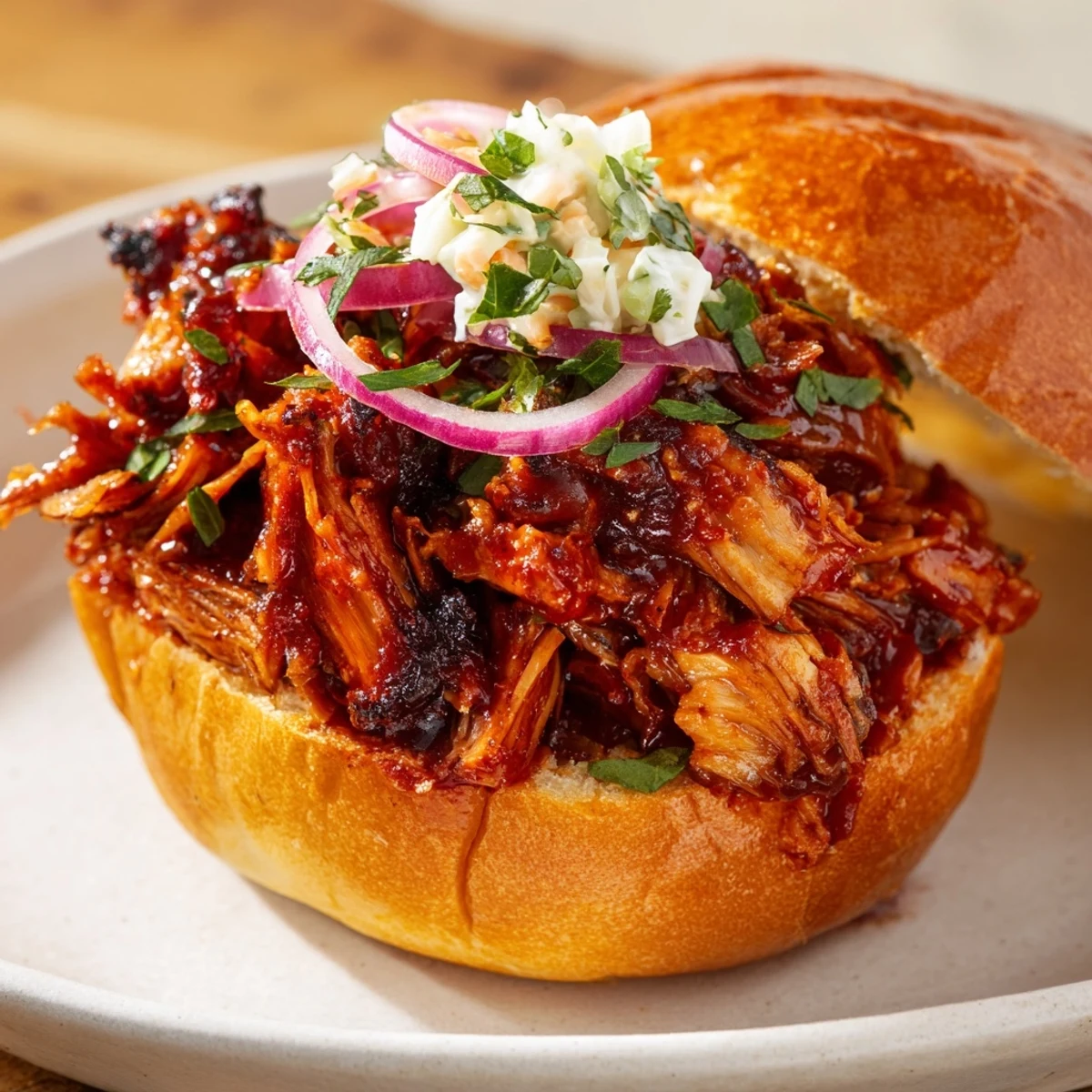 A close-up of delicious Fire-Kissed BBQ Pulled Pork Sandwiches, with visible charred edges, ready to eat.