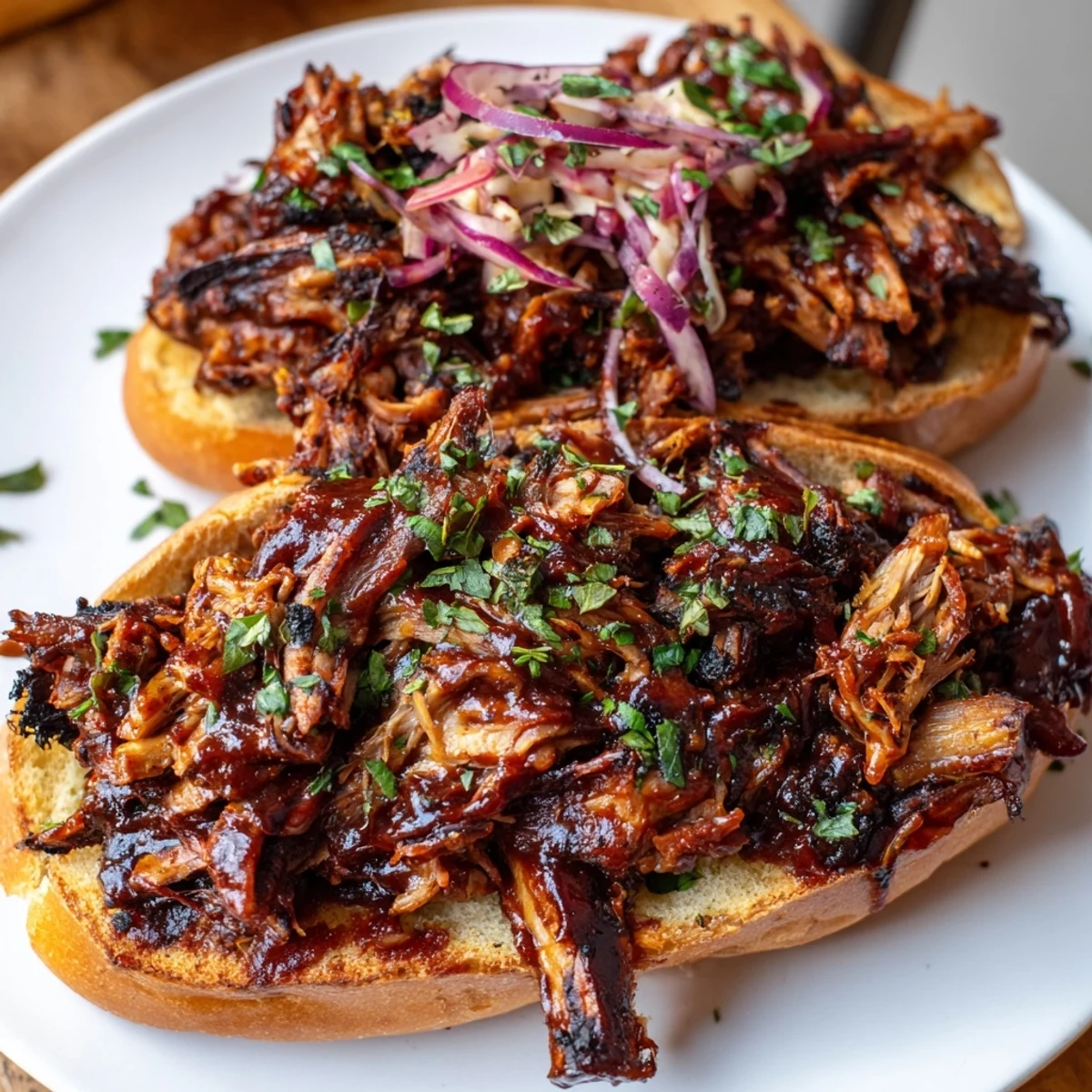 Fire-Kissed BBQ Pulled Pork Sandwiches, piled high on golden buns, offering smoky and tender pulled pork.