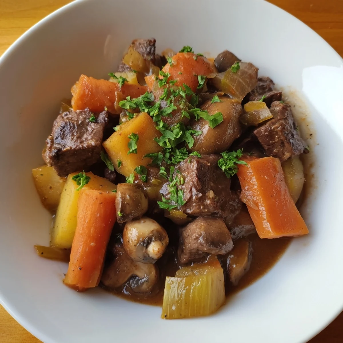 A steaming bowl of earthy beef stew beside a thick slice of crusty homemade bread.