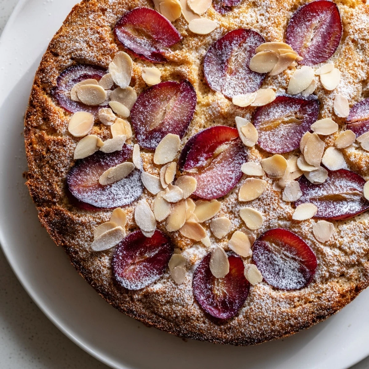 Golden-brown baked Soft Sweet Plum-Infused Almond Cake, topped with sugared plums and almond slices.