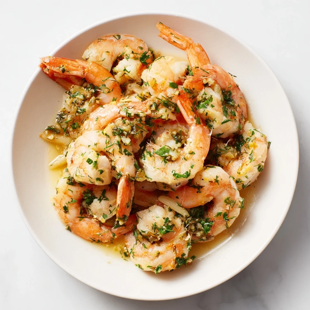 Light & Bright Lemon Herb Shrimp Scampi, a glistening plate of shrimp in a bright, lemony sauce before serving.