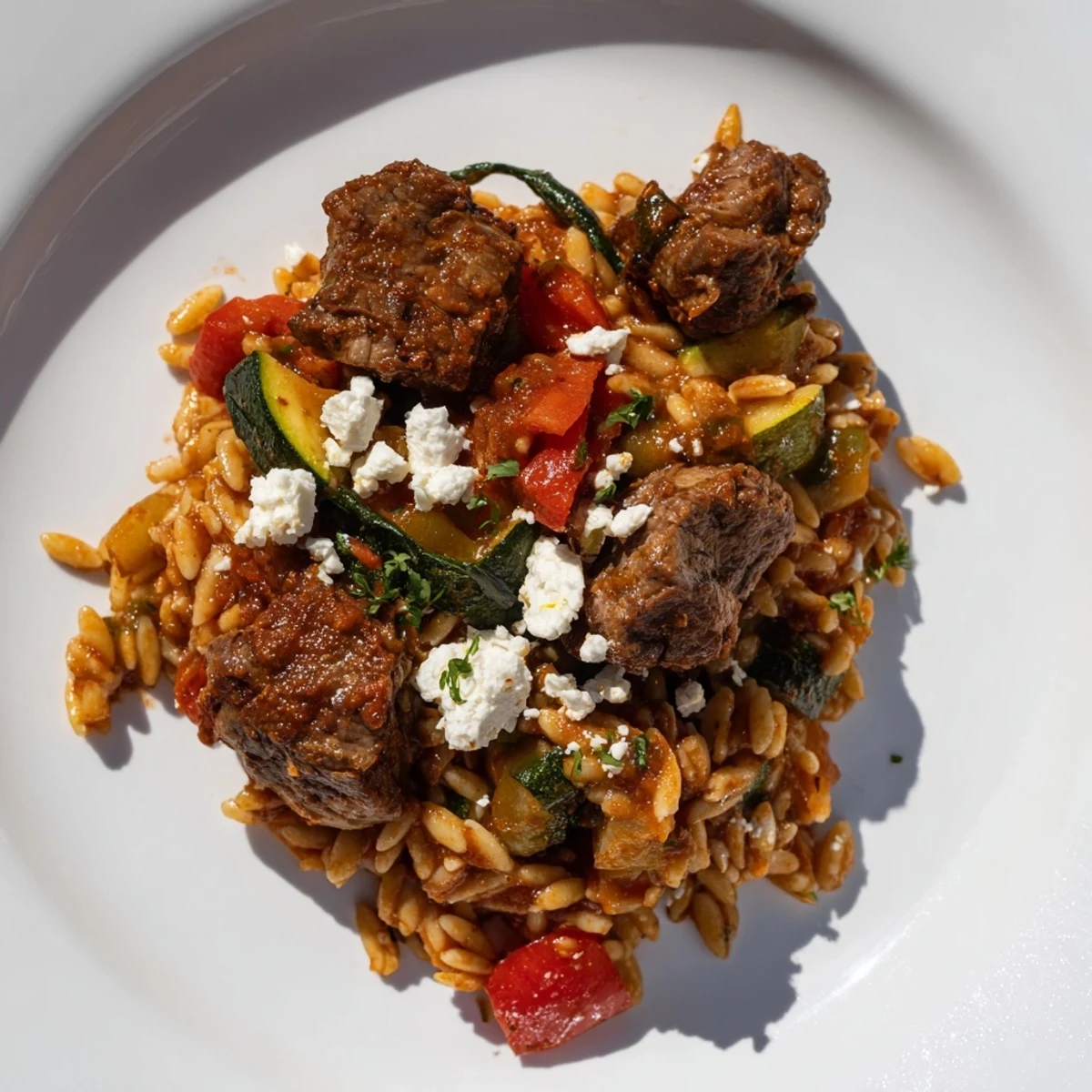 This image displays steaming Smoky Mediterranean Lamb and Orzo Supper, ready to be served and enjoyed with loved ones.