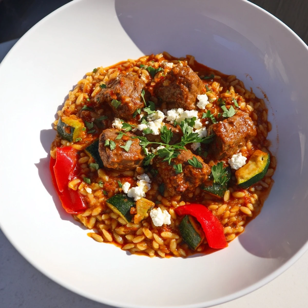 Imagine the savory aroma of this beautiful Smoky Mediterranean Lamb and Orzo Supper with feta crumbles and parsley.