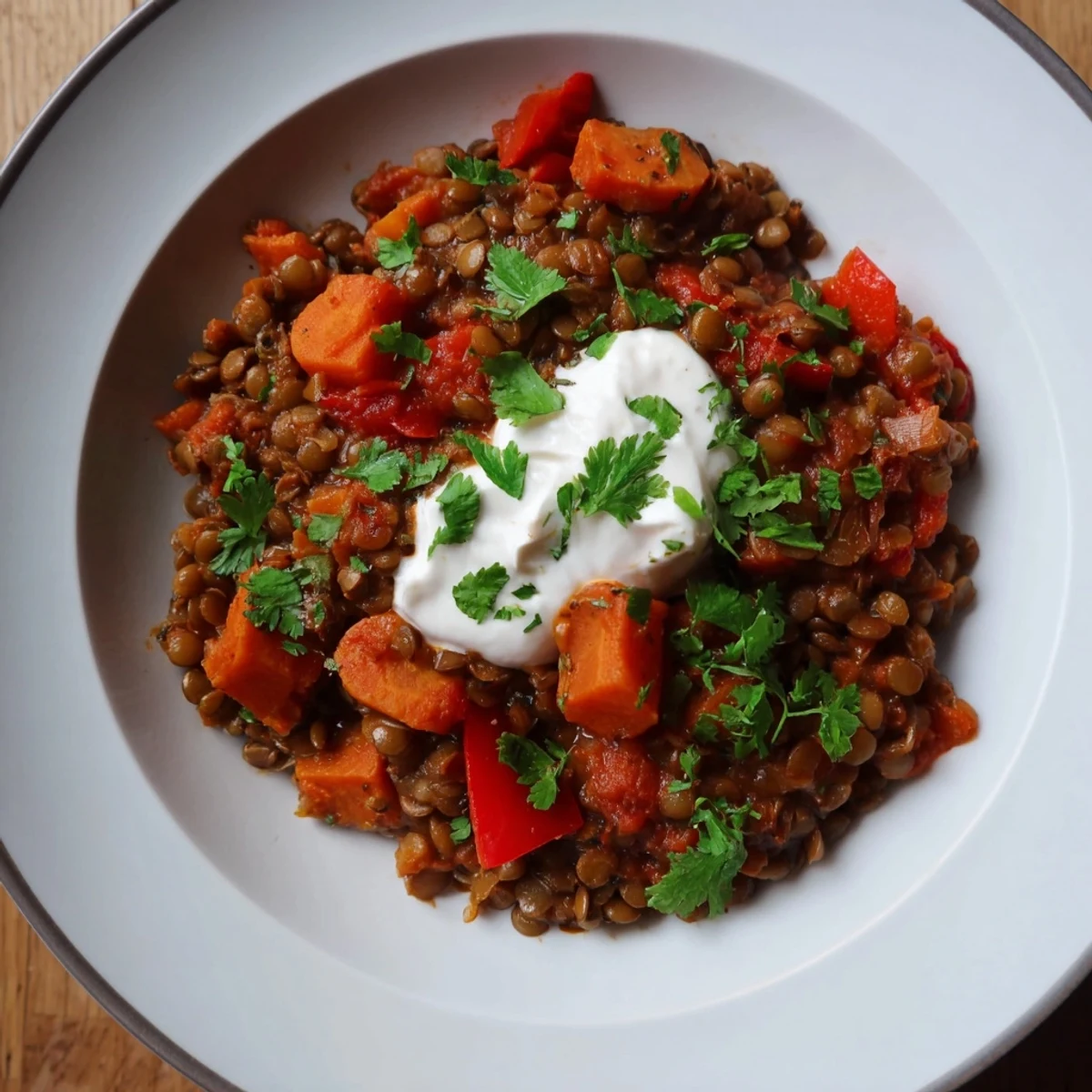 A steaming bowl of comforting Wheat-Warm Lentil Curry with fresh cilantro and creamy yogurt.