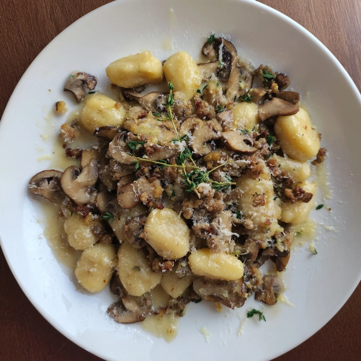 Woodsy Skillet Sausage and Mushroom Gnocchi, a bubbling skillet of creamy gnocchi with savory sausage and mushrooms.