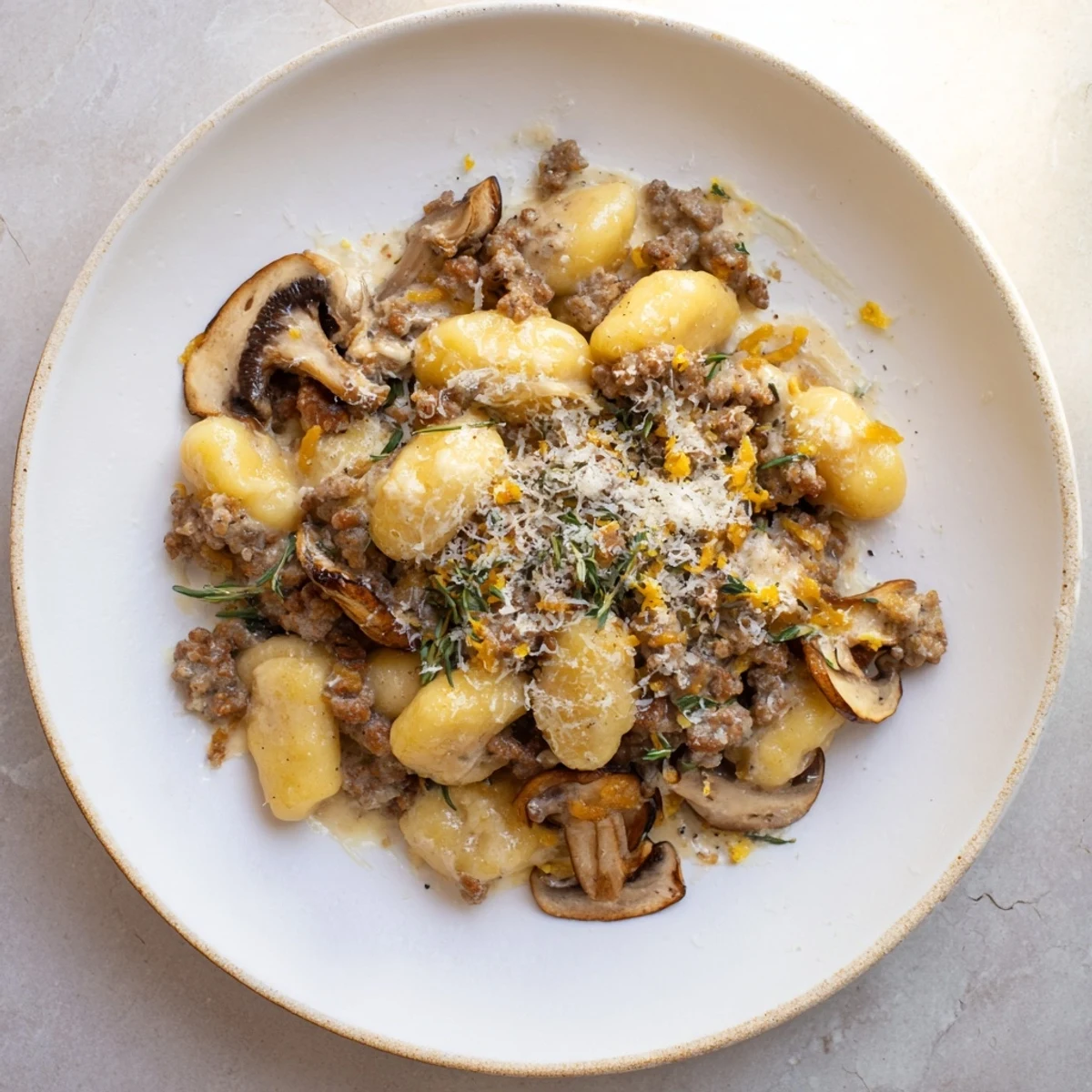 Warm, hearty Woodsy Skillet Sausage and Mushroom Gnocchi, ready and served with a sprinkle of fresh Parmesan cheese.
