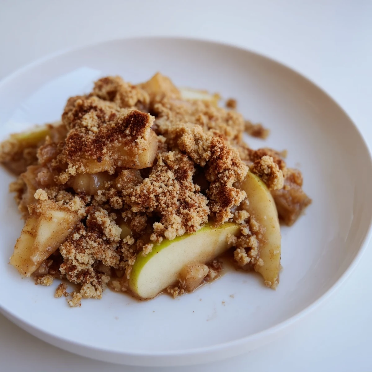 Golden, bubbly Warm Rustic Apple and Cinnamon Crumble, a perfect autumn dessert served warm.