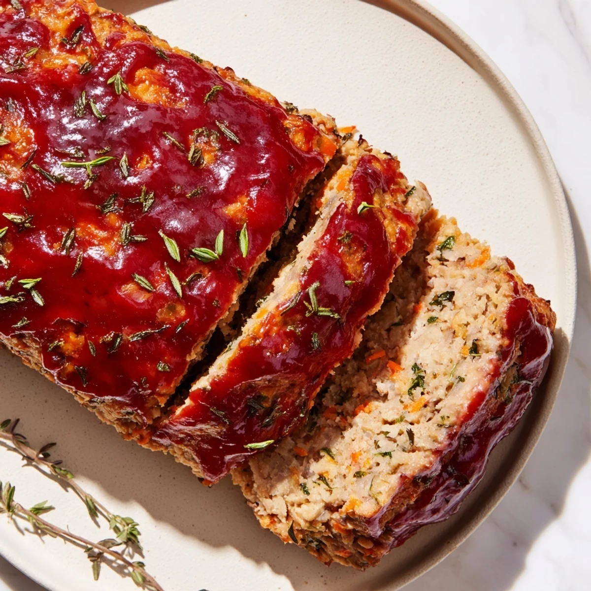 This tender Everyday Herb-Sprigged Turkey Meatloaf is picture perfect, boasting a vibrant, herbed surface.
