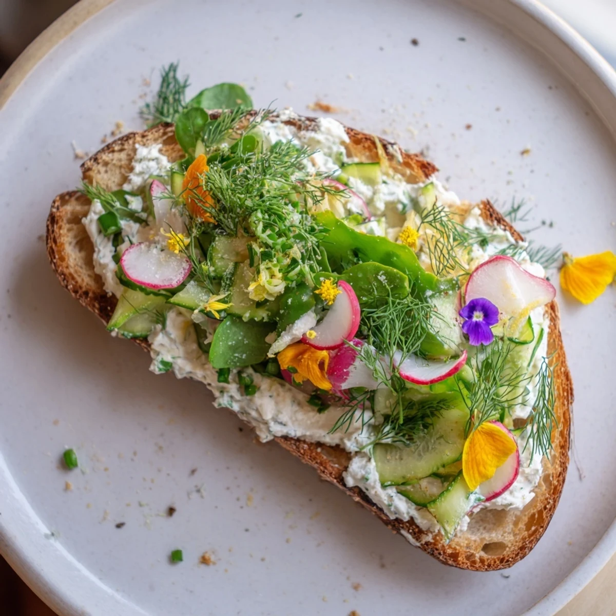 Golden, toasted bread topped with creamy cheese and Fresh Meadow-Inspired Garden Vegetable Tartines, a healthy main.