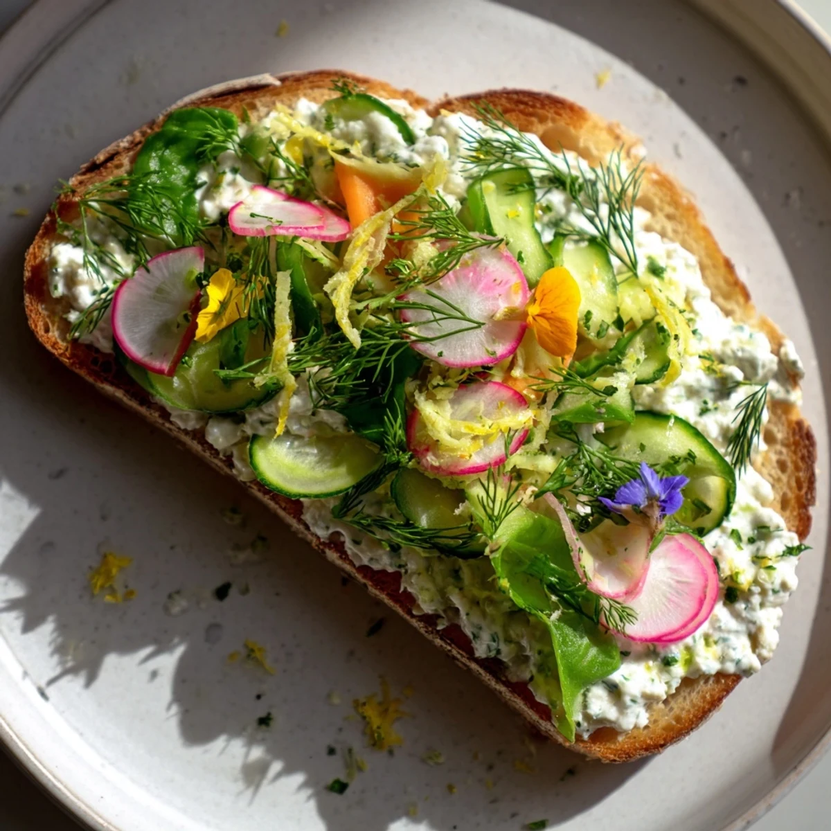 Enjoy a delicious bite of Fresh Meadow-Inspired Garden Vegetable Tartines showcasing fresh spring vegetables, perfect for lunch.