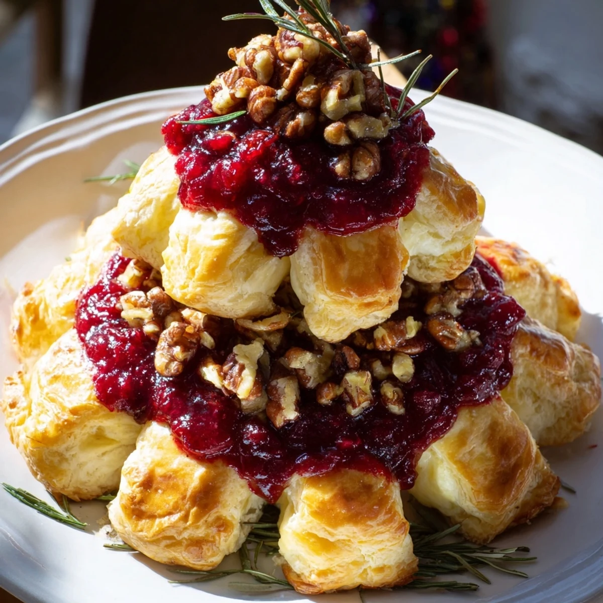 Golden, flaky Brie en Croûte Pine Tree, baked with cranberry filling, ready to serve warm and delicious.
