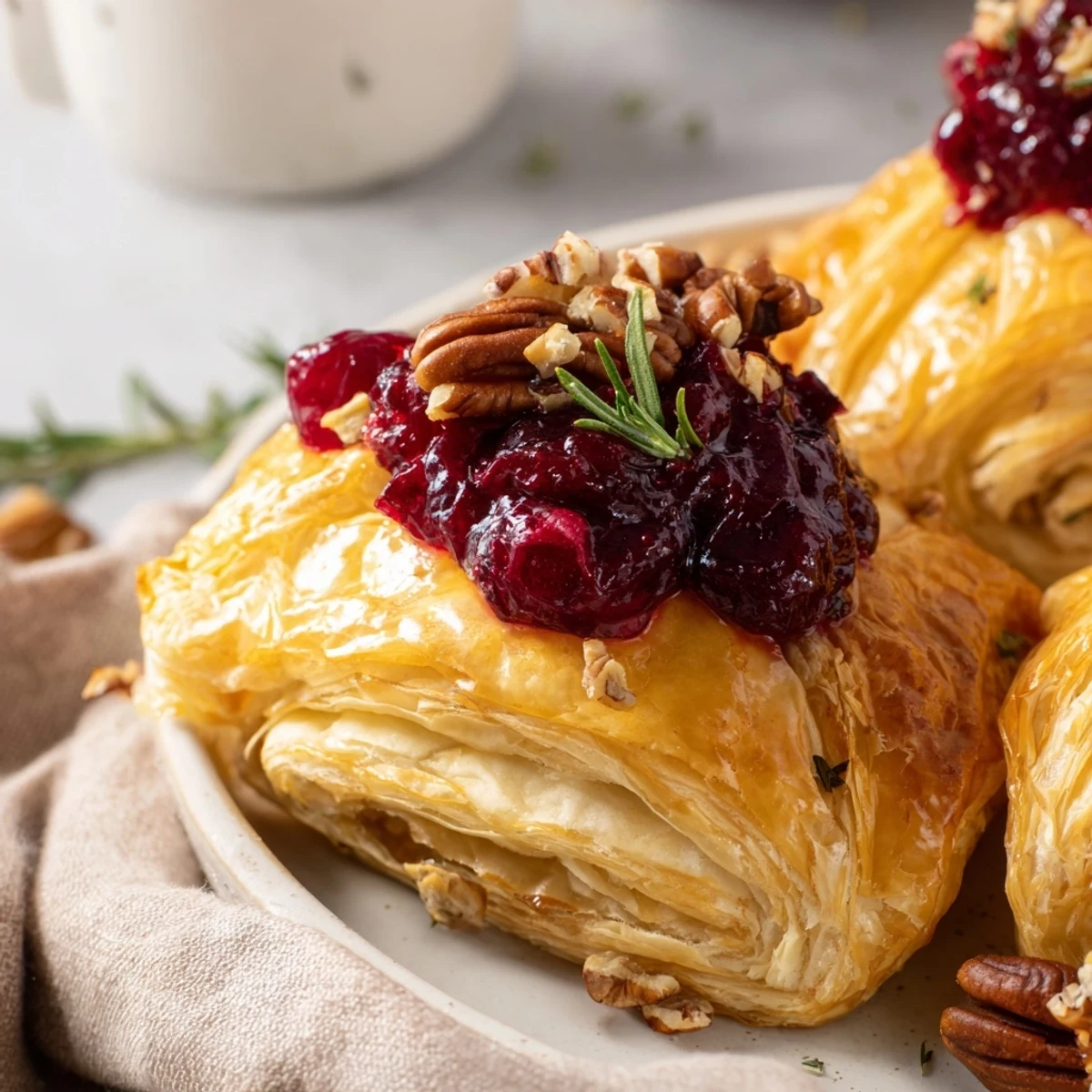 Holiday appetizer of Brie en Croûte Pine Tree, with visible cranberry swirls, perfect for cheese lovers.