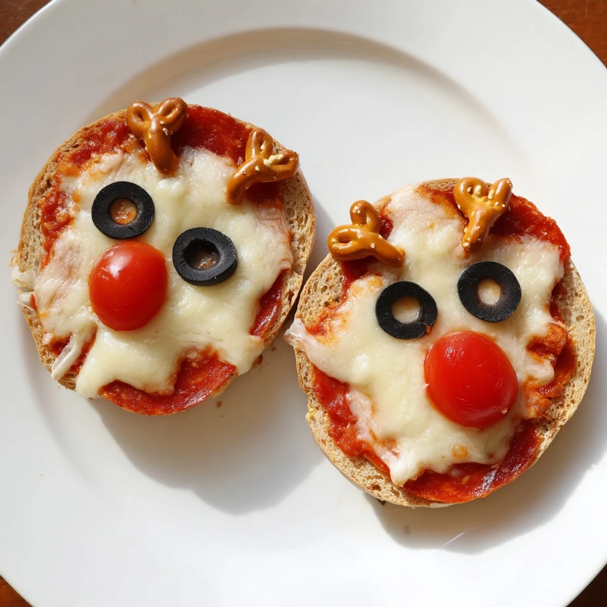 Festive Reindeer Face Pizza Bagels with melted cheese, olive eyes, and pretzel antlers, ready to eat!