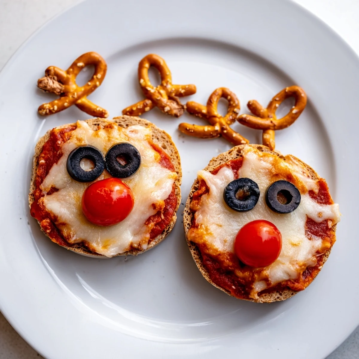Warm, bubbling Reindeer Face Pizza Bagels, featuring mozzarella, tomato noses, and playful pretzel antlers.