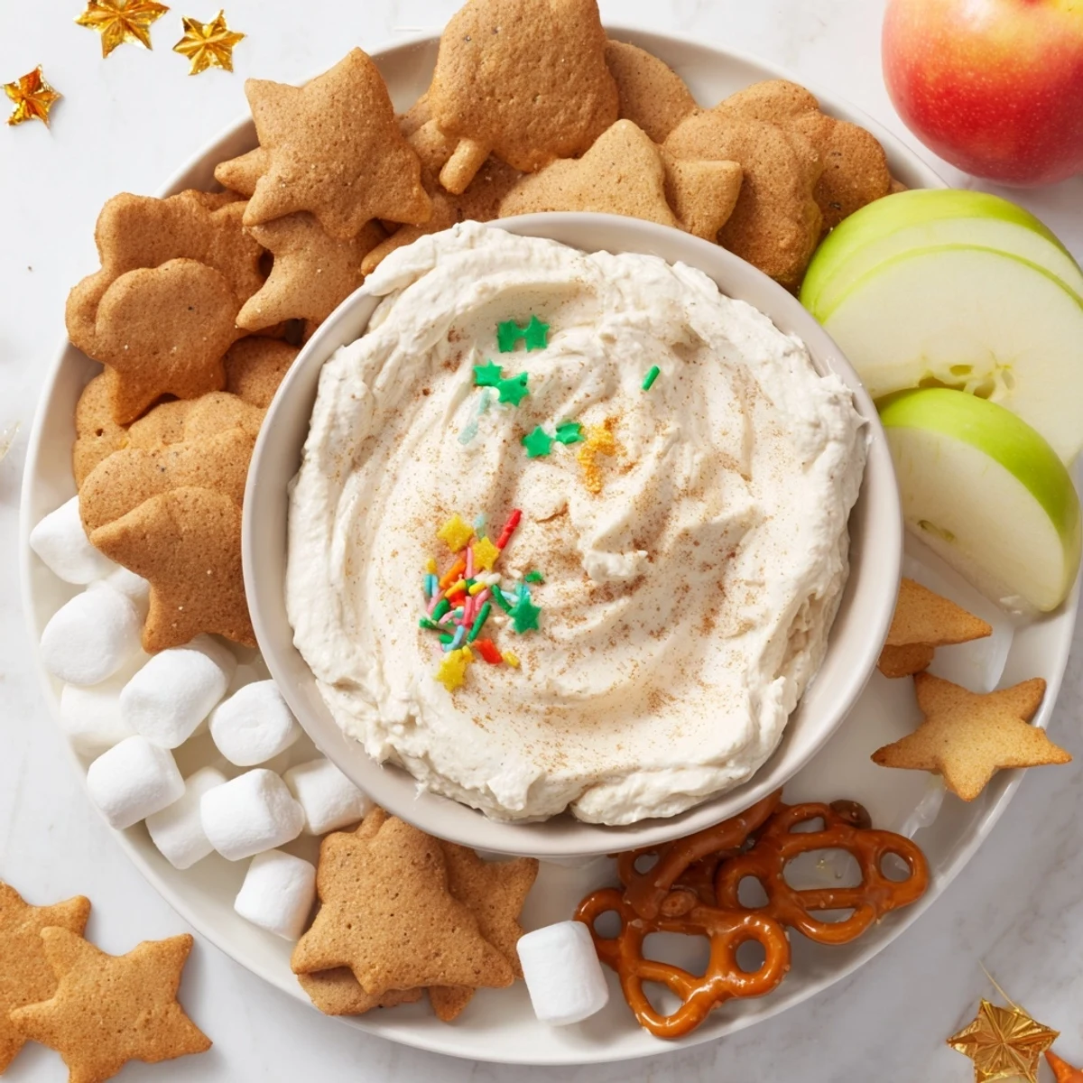 Creamy Gingerbread House Dip Board, a delightful dessert board featuring cookies, crackers, and fruit.