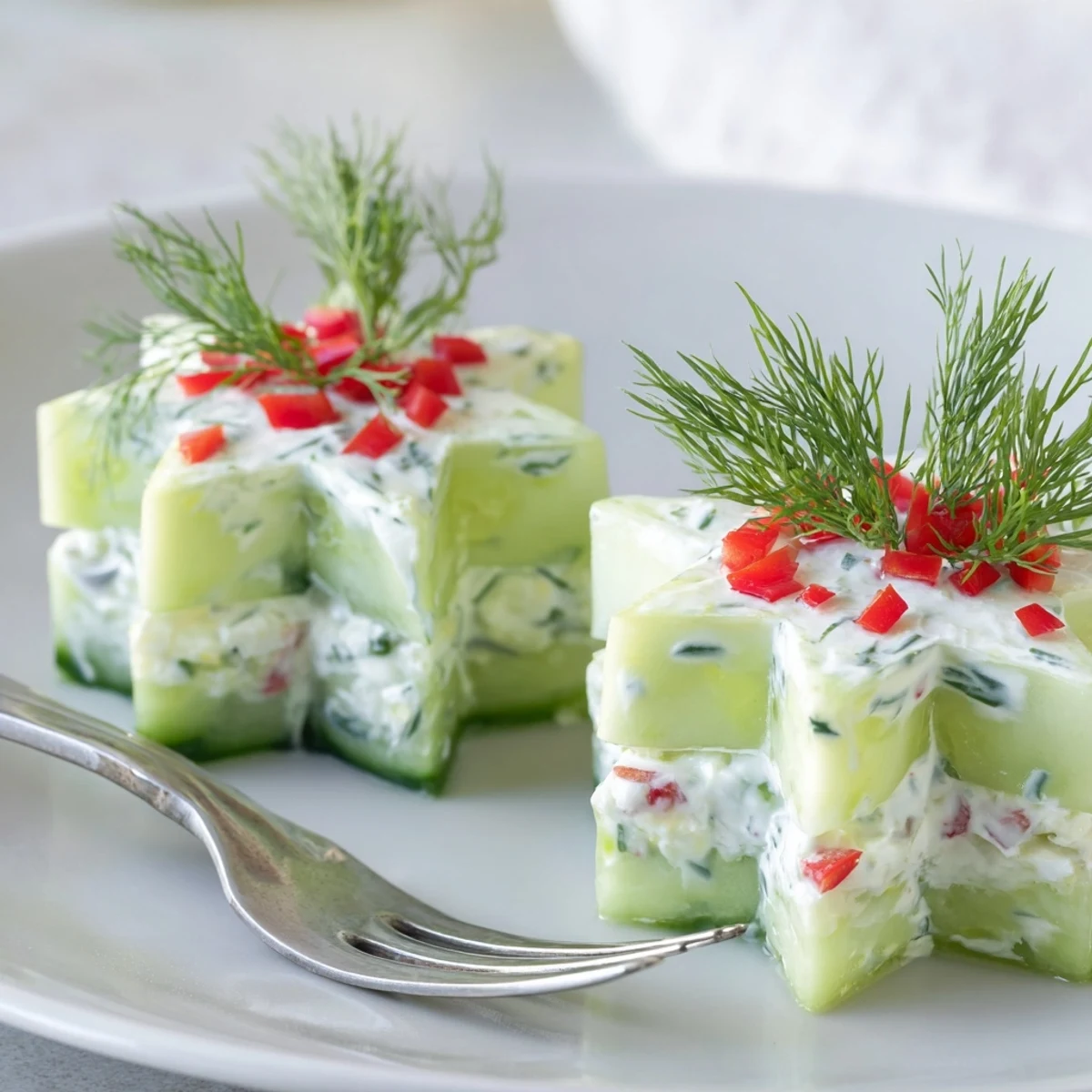 Festive Cucumber and Dill Christmas Stars appetizer, with creamy cheese piped on glistening cucumber stars.