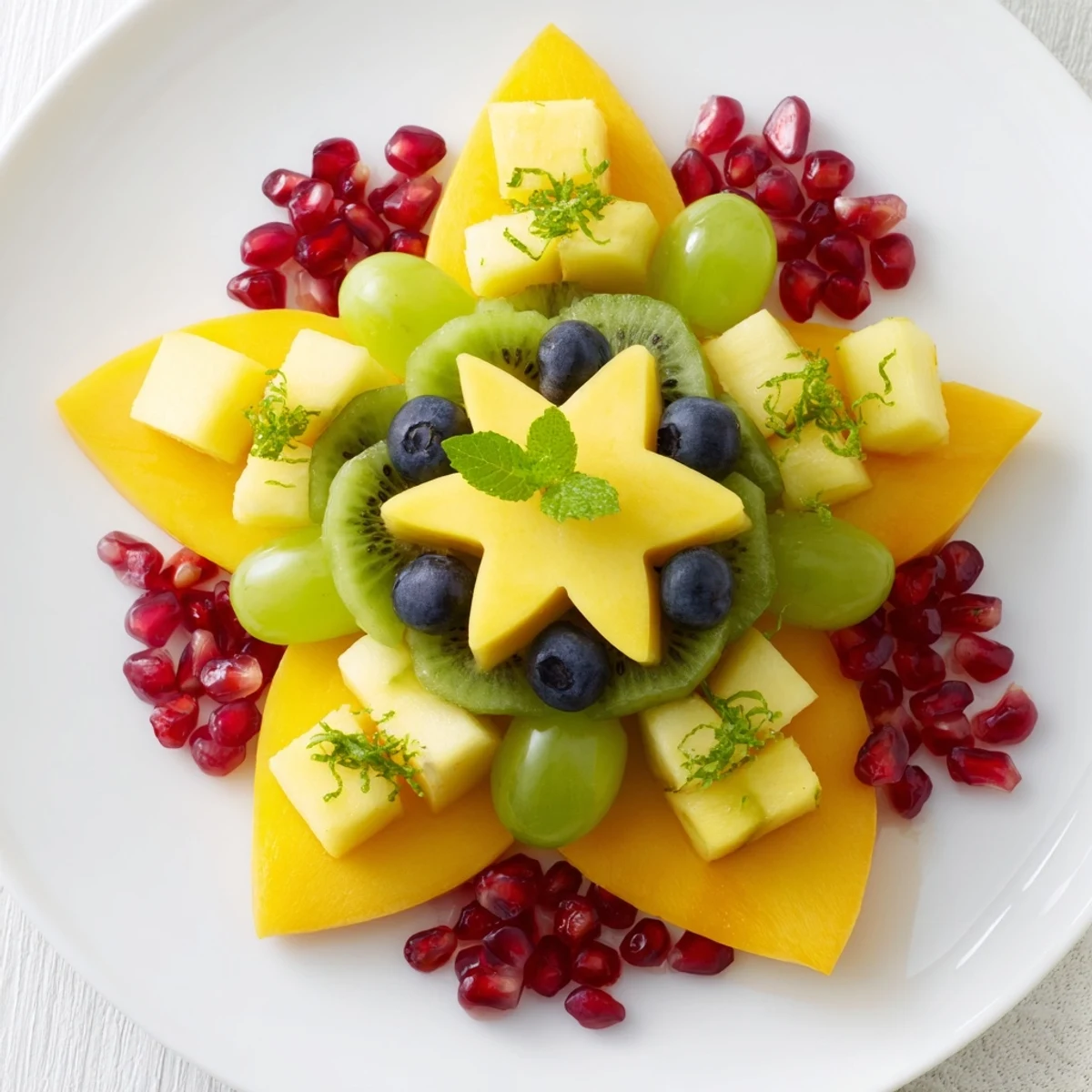 Vibrant pomegranate and mint star fruit platter brimming with juicy seeds and a sweet, refreshing taste.