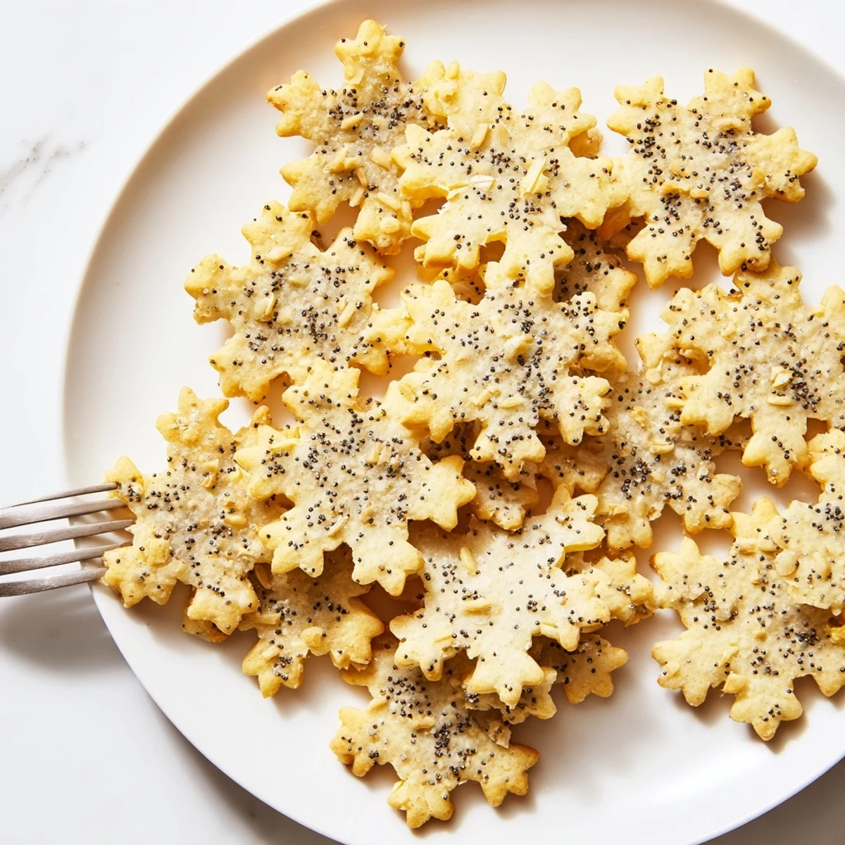 Gourmet Crackers shaped like snowflakes, golden and crisp, perfect for a festive cheese board appetizer.