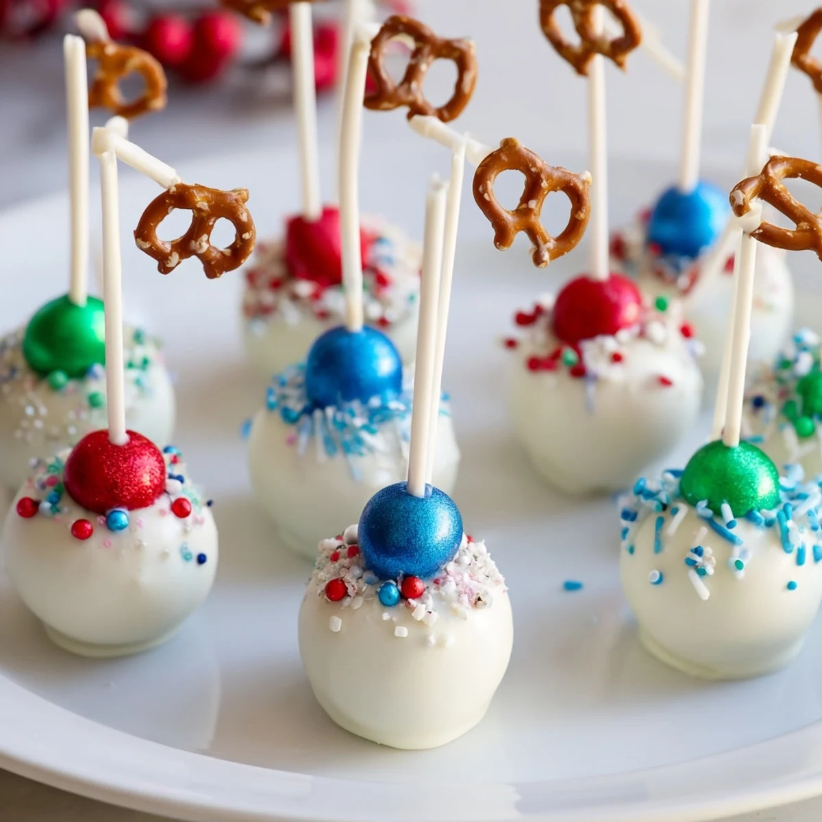 Homemade Ornament Ball Cake Pops: coated in vibrant candy melts and showered with sprinkles.