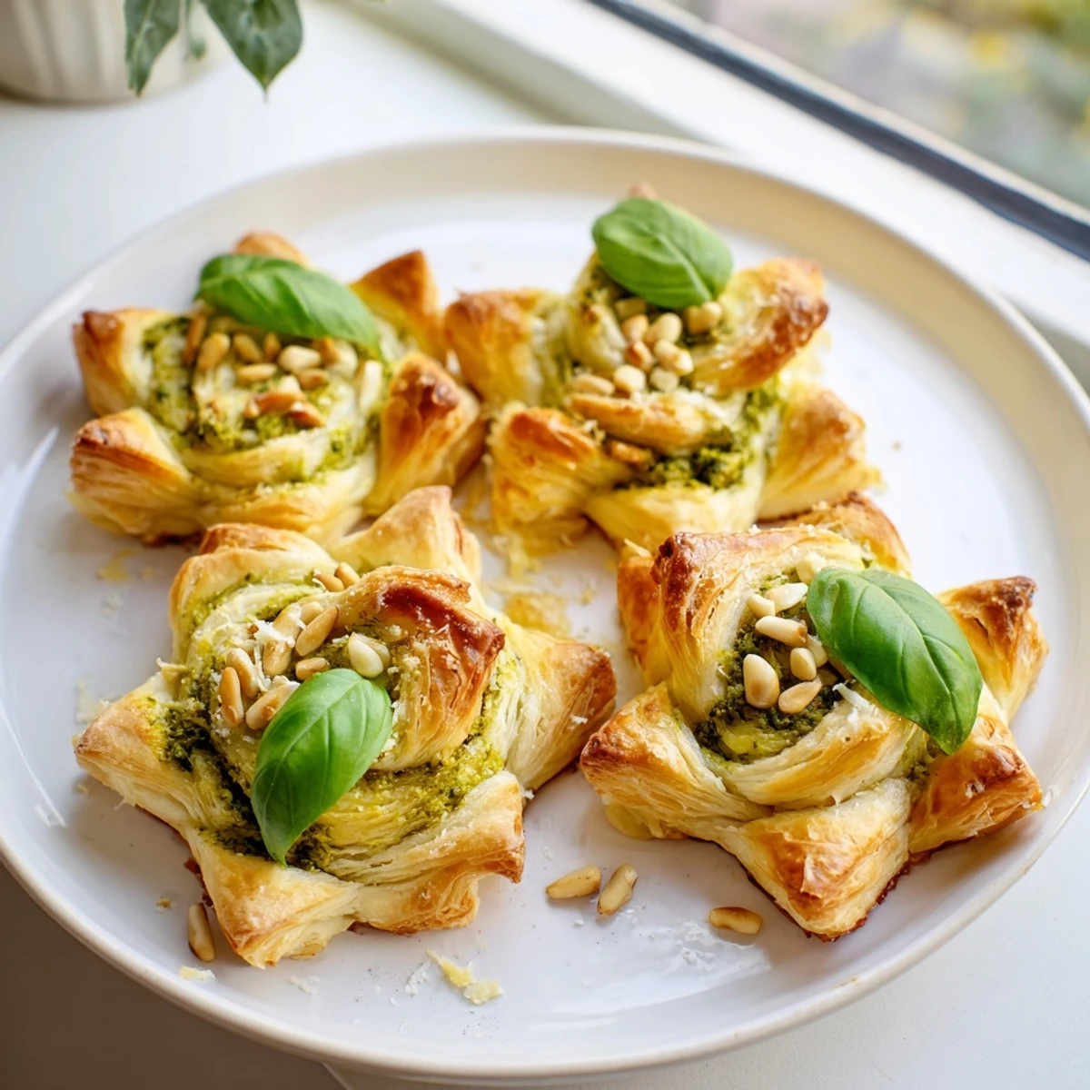 Golden, star-shaped pesto pinwheels, a flavorful appetizer, filled with vibrant basil and Parmesan.
