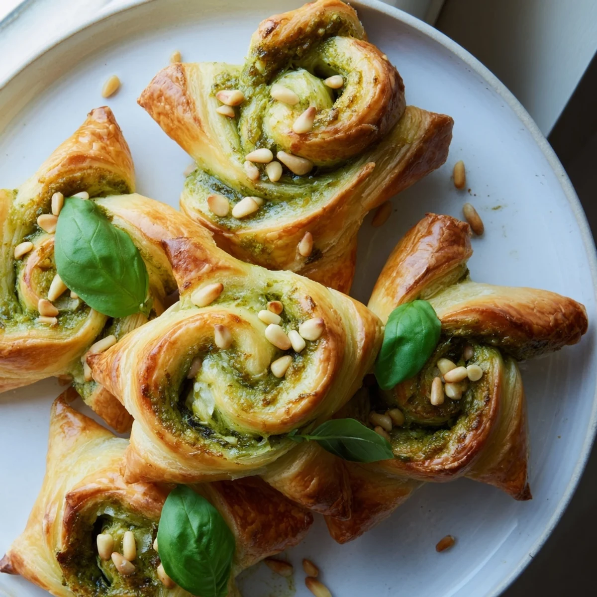 Flaky, golden-brown star-shaped pesto pinwheels showcasing a delicious Italian-inspired vegetarian snack.
