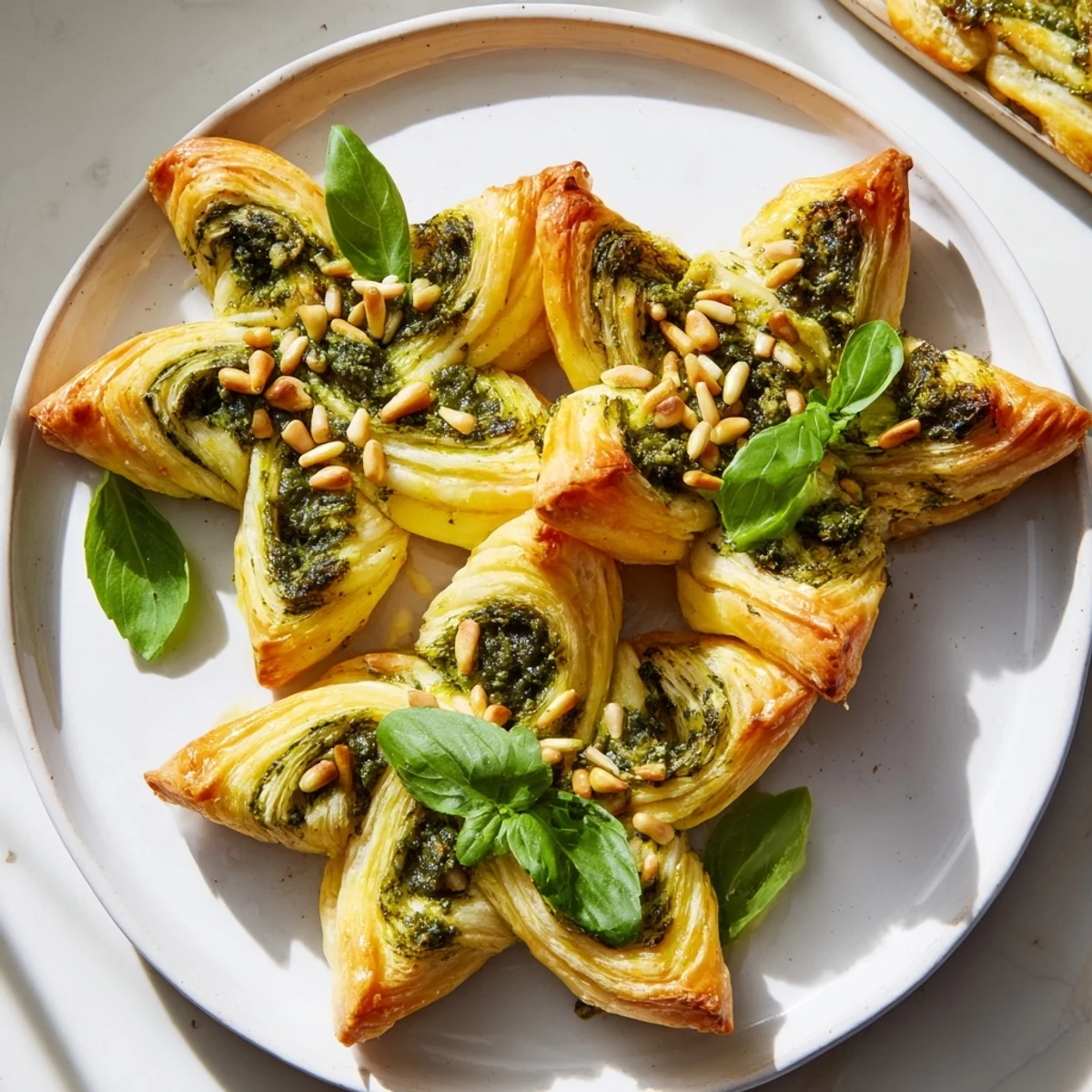Warm, freshly baked savory bites: star-shaped pesto pinwheels ready to be enjoyed with friends.