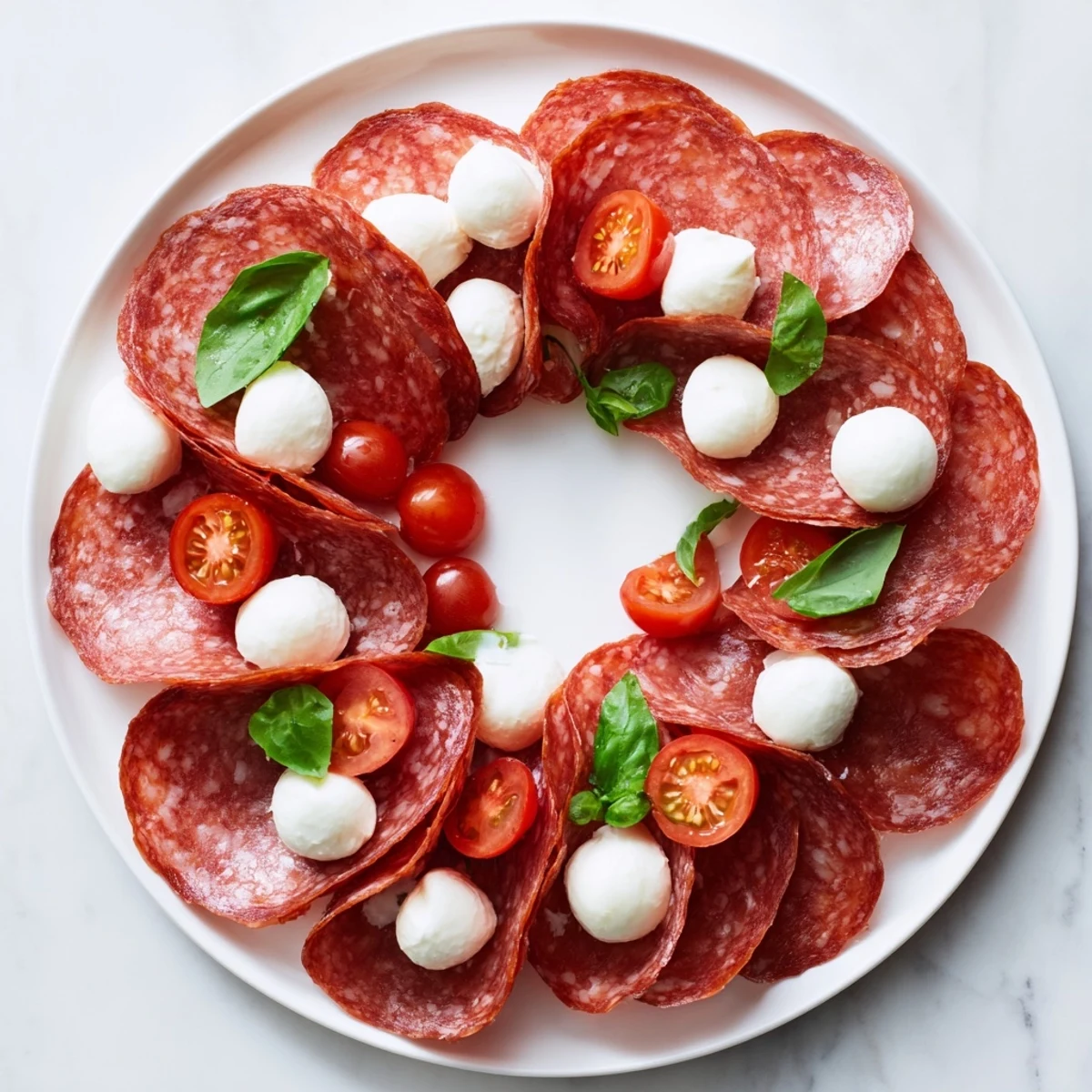 Folded salami wreath arranged beautifully, a savory appetizer ready to be enjoyed with crackers.
