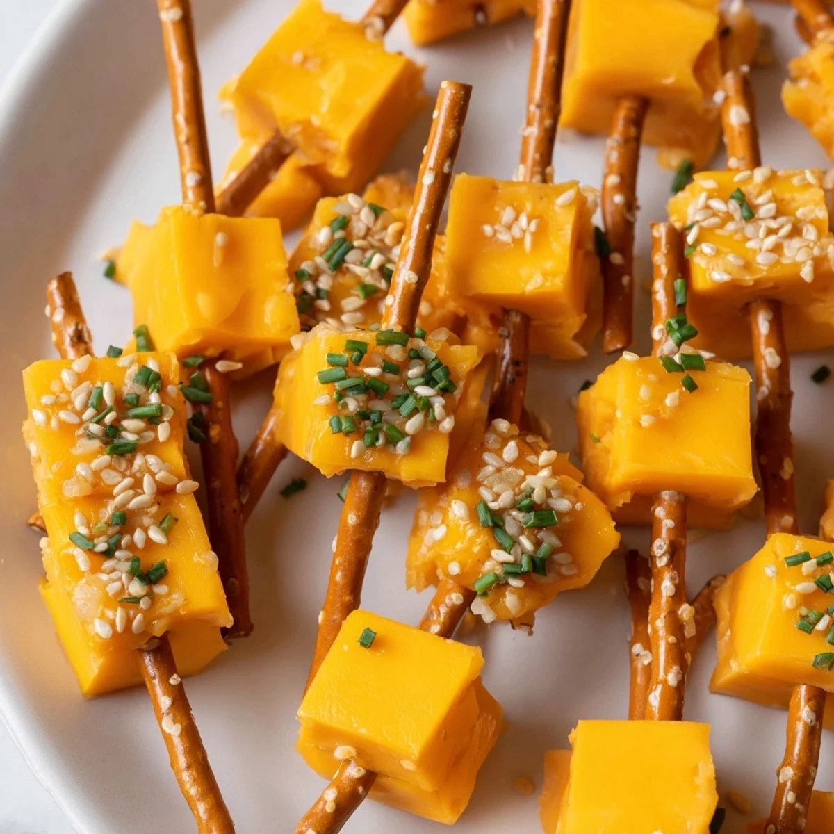 Sharp cheddar cheese cubes on pretzel sticks: a dazzling NYE appetizer, ready to enjoy!
