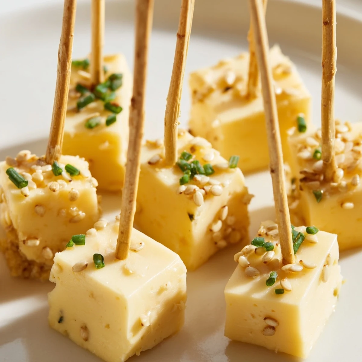 Bite-sized cheddar cubes on pretzel sticks, a perfect, flavorful NYE appetizer display.