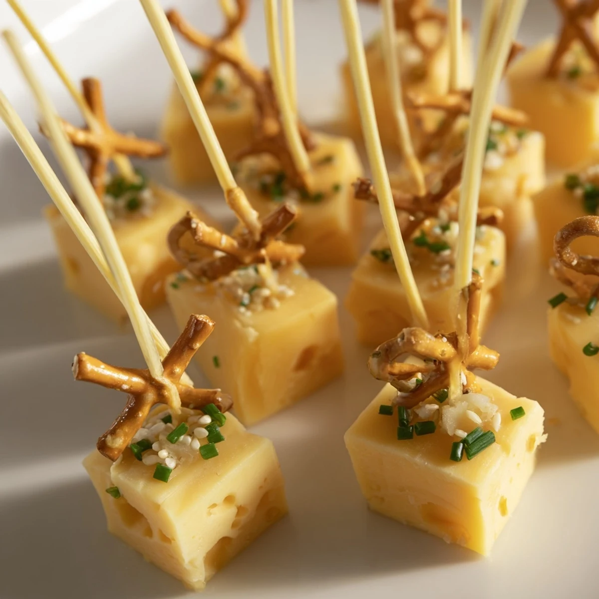Festive NYE cheese pretzel sparklers, showcasing vibrant cheddar cubes and crunchy pretzel wands.