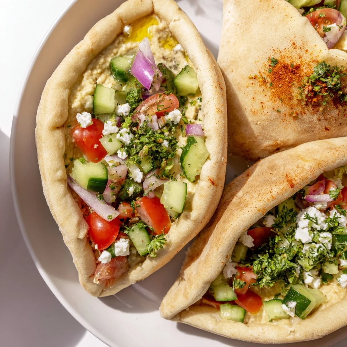 Warm mini pita pockets filled with vibrant vegetables next to three hummus bowls for the Savory Board.
